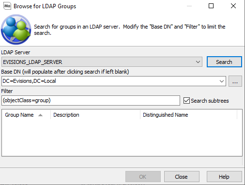 Browse for LDAP Groups dialog with Object Class equals group selected.